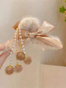 1个秋冬蝴蝶结发夹，毛绒爪夹，女士发夹，枕部发饰，大号爪夹，珍珠球，流苏发饰，优雅爪夹，冬季女士发饰 - 彩色 - 查看 3
