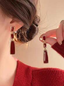 1 Pair Elegant Red Geometric Square Tassel Earrings, Suitable For Women's Daily, Festival And Party Wear - Burgundy - View 1