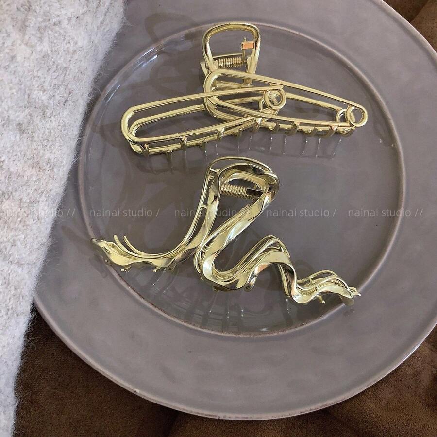 2个金色金属爪夹 - 简约设计高端发爪发饰，女士适用 - 彩色 - 查看 1