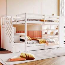 Bunk Bed 90*200 Cm, Safety Stairs With Storage Compartments, Storage Drawers And Large Lockers, High Railing Construction, Slatted Base, Pine Bed, Children's Bed, Youth Bed, White - White - View 1