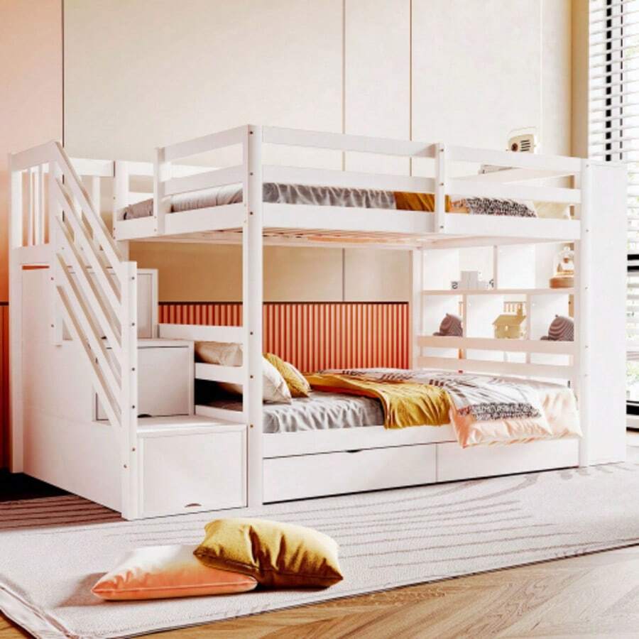 Bunk Bed 90*200 Cm, Safety Stairs With Storage Compartments, Storage Drawers And Large Lockers, High Railing Construction, Slatted Base, Pine Bed, Children's Bed, Youth Bed, White - White - View 1
