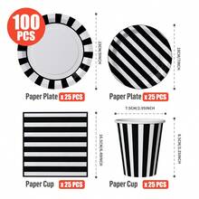 25件套黑白条纹一次性餐盘、餐巾纸、杯子 - 一次性派对用品套装，适用于生日、婚礼、主题派对、家庭野餐 - 彩色 - 查看 2