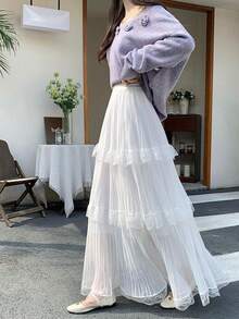 2026 Women's Spring/Summer New High Waist Slimming Lace & Mesh Patchwork Pleated A-Line Skirt With Draping Effect White - White - View 4