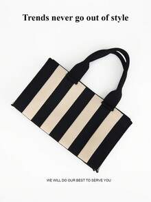 1pc Black & White Striped Minimalist Lightweight Foldable Open-Top Tote Bag, Fashionable For Outings, Commuting, Photography, Suitable For All Seasons - Multicolor - View 10