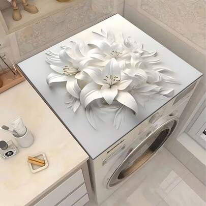 1pc White Lily Flower Pattern, Warm Family Atmosphere, Diatomite, Non-Slip, Suitable For Washing Machine Cover Pad, Dryer Cover Pad, Coffee Machine Pad, Kitchen Countertop Pad. Multi-Purpose Household Mat