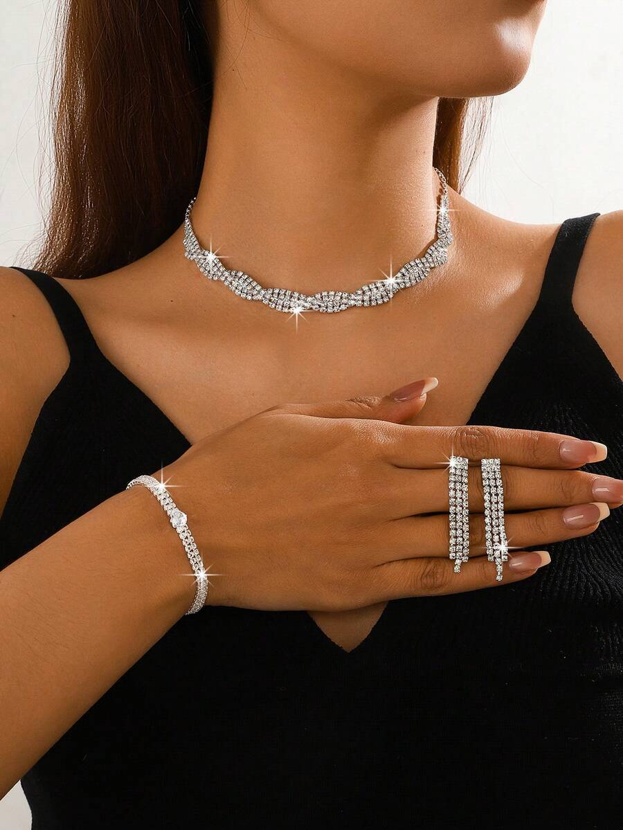 4-Piece Shiny Crystal Rectangular Necklace And Earring Jewelry Set, Copper Material, Suitable For Weddings, Parties, And Valentine's Day Gifts - White - View 1