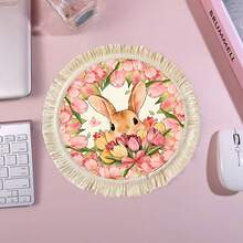 1/4/6pcs Easter Collection, A Light Brown Rabbit Peeking Out From A Cluster Of Tulips, The Outer Circle Surrounded By A Ring Of Blooming Pink Tulips Dotted With A Small Pink Butterfly, Linen Printed Tassel Placemat/Coaster - Multicolor - View 7