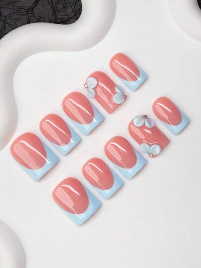 10pcs/Set Handmade Square Nail Tips, Y2K Baddie Style, Nude & Blue Color French Tip With Floral Design, Suitable For Women & Girls, Party, Wedding, Daily Wear, Includes Tool Kit, Great Gift For Ladies Nails Nail Supplies