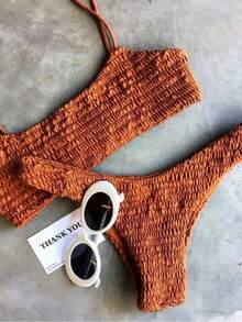 Women's Sexy Triangle Bikini Set Smocked Textured Scoop Frilled Solid Ruched Elastic Swimsuit Two Piece Bathing Suit - Brown - View 2