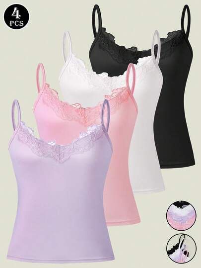 4pcs Lace Camisole Tops, Versatile & Comfortable Underwear, Lace Camisole Tops For All Seasons