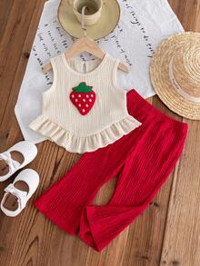 2pcs Baby Girls Summer New Cute Cartoon Strawberry Solid Chiffon Patchwork Ruffle Top + Solid Chiffon Casual Flare Pants Set - Multicolor - View 2