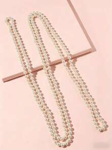 Elegant Versatile Glass Pearl Long Necklace, Simple Stylish Sweater Chain Jewelry, Great Gift For Valentine's Day, Mother's Day, Spring Festival, Girlfriend, Party - Beige - View 3