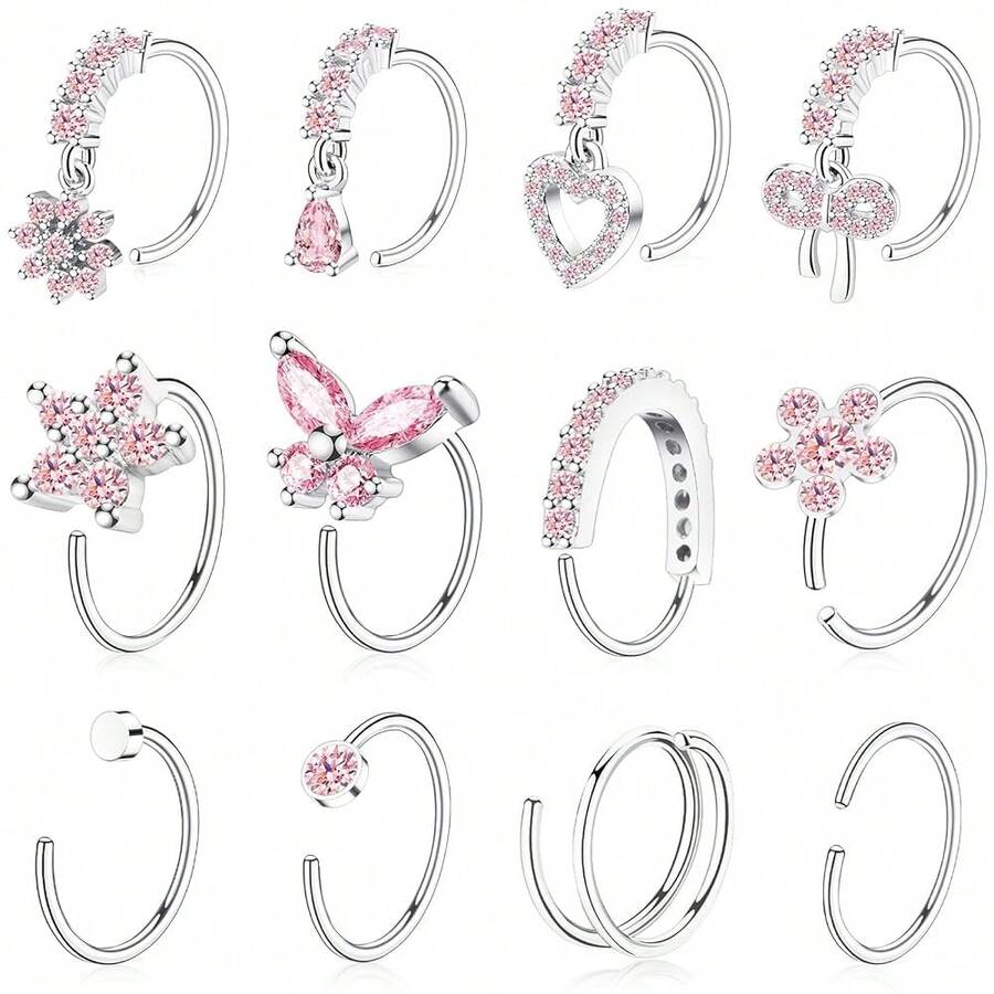 BSJ4U Hoop Nose Rings For Women Nose Piercings 20G Stainless Steel Nose Rings Hoops Heart Butterfly Flower Bow Teardrop Double Nose Hoops Gold Plated Silver Pink Clear CZ Nose Piercing Jewelry - Khuyên mũi màu bạc hồng - Xem 1