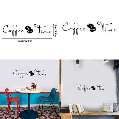 Coffee Time Wall Decal English Lettering Saying Words Vinyl Stickers With Coffee Beans Picture Removable Art DIY Quote Sticker Mural For Home Store Shop Kitchen Office Window Decoration