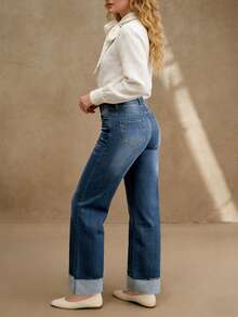 Quần jeans nữ ống đứng, thiết kế cài nút, dáng dài, lựa chọn thanh lịch thường ngày. - Rửa tối - Xem 5