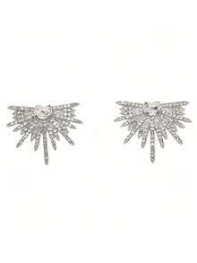 1 Pair Rhinestone Wing Stud Earrings, Sparkling Firework Design, Suitable For All Occasions, Great Gift Choice - Silver - View 6