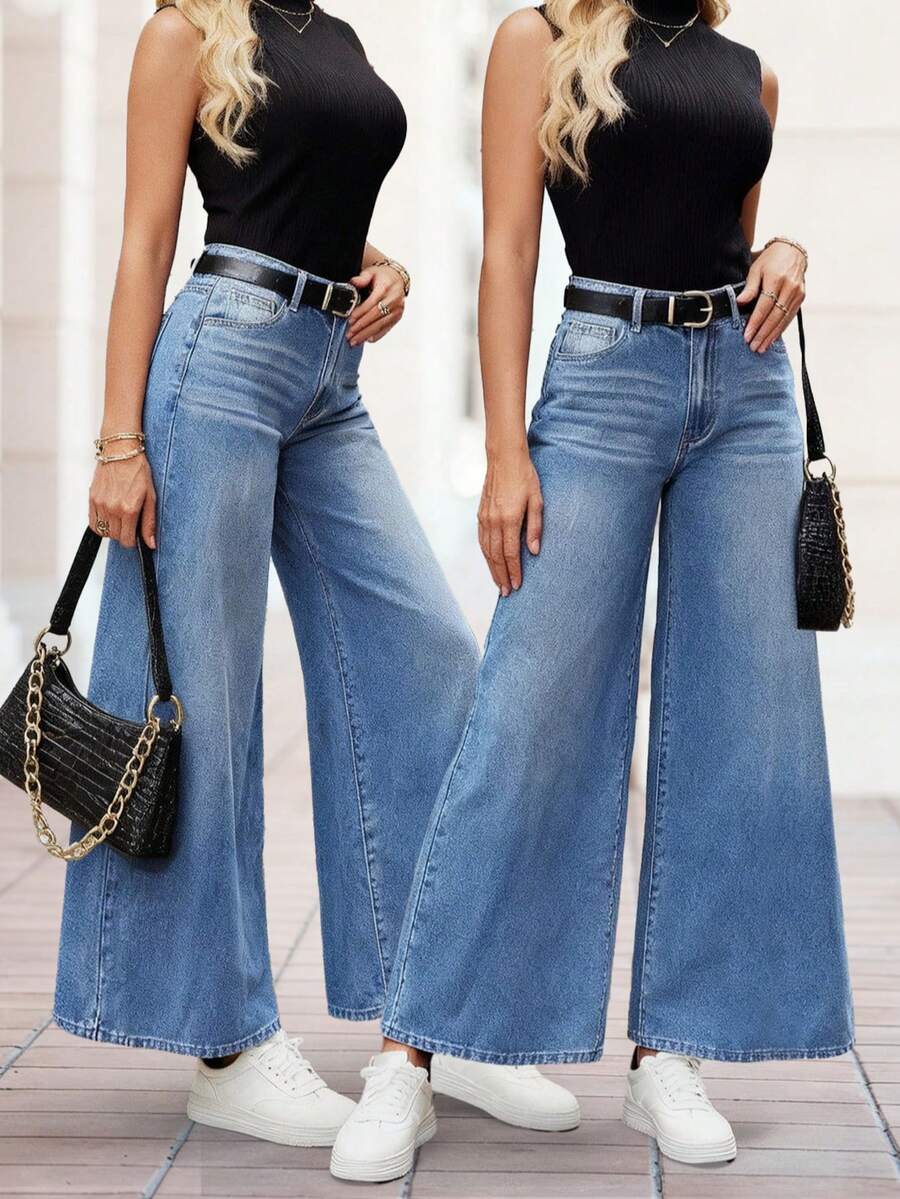Elegant Bohemian Style Women's Wide Leg 7/8 Length Jeans, With Distressed Details, Button & Pocket Design, Medium Stretch Fabric Casual Spring - Medium Wash - View 1