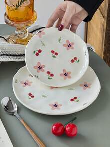 1pc/2pcs/4pcs Ins风格可爱樱花陶瓷餐盘，手绘釉下彩樱花盘，西餐盘，牛排意面盘，下午茶甜品盘，蛋糕水果盘，蔬菜沙拉盘，家用菜盘，咖啡厅酒店餐盘 - 彩色 - 查看 8