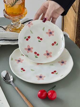 1pc/2pcs/4pcs Ins风格可爱樱花陶瓷餐盘，手绘釉下彩樱花盘，西餐盘，牛排意面盘，下午茶甜品盘，蛋糕水果盘，蔬菜沙拉盘，家用菜盘，咖啡厅酒店餐盘