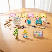 12PCS Tiered Tray Decor Set - Hello Summer Hawaii Farmhouse Rustic Beach Gnome Wood Sign Items For Home Table Kitchen Shelf Decor - Màu xanh lam - Xem 7