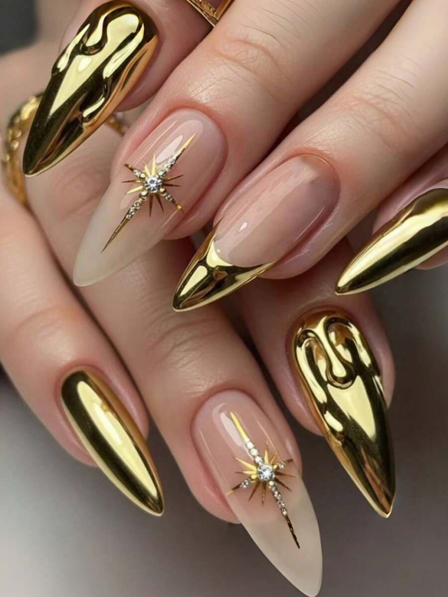 24pcs 3D Embossed Gold Striped Rhinestone French Fake Nails, Y2K Style Nail Art Supplies - Gold - View 1