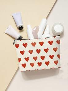 1 Pc Red Heart Pattern Cosmetic Bag Valentine's Day Simple Makeup Bag Perfect Gift For Family And Friend - Red and White - View 5