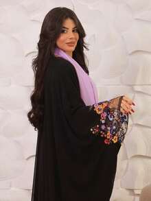Spring/Summer New Floral Embroidered Open Front Abaya Robe - Black - View 2