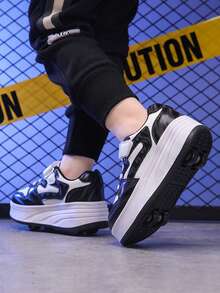 1 Pair Children's Sports Shoes With Wheels, 4-Wheel Rollerskate Sneakers - Black and White - View 4