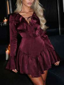 Vuslat 女士春季时尚优雅荷叶边V领不对称半身裙，喇叭袖长袖系腰缎面酒红色迷你派对连衣裙，适合春季穿着、情人节、婚礼宾客、生日、优雅场合、夏季度假，Y2K风格 - 酒紅色 - 查看 2