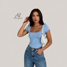 Set Of 4 Baby Look Blouses With Double Front Lining And Square Neckline. Simple. None. Vacation. Beach. - ĐEN/XANH DƯƠNG/VÀNG/TÍM NHẠT - Xem 3