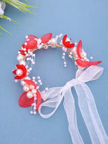 1件手工花卉腕花，浪漫紫色玫瑰粉色珍珠伴娘手链，绿色森林风格婚礼配饰 - 紅色 - 查看 3