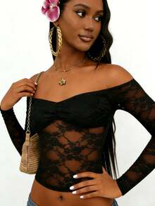 Women's Elegant Casual Commute Vintage Cute Y2K Sexy Vintage Patchwork Knit Fabric Cup Detail Sheer Stretchy Fitted Soft Comfortable Vacation Beach Night Out Date Holiday School Birthday Party Date Back To School Party Daily Home Single Party Travel Stage And Concert Tea Party Country Music Festival Spring Summer Autumn Winter Off-Shoulder Top - Black - View 3