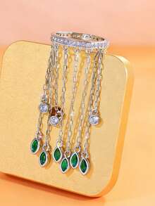 1 chiếc nhẫn nữ thời trang dài có tua rua, mạ bạc, hình lá màu xanh lá cây đính đá Cubic Zirconia, kiểu dáng thả dài, trang sức giả cổ, thích hợp đeo hàng ngày, dự đám cưới, lễ đính hôn, tiệc tùng, dạ hội - Quà tặng cho phái nữ, quý cô, bạn gái, vợ. - màu xanh lá - Xem 9