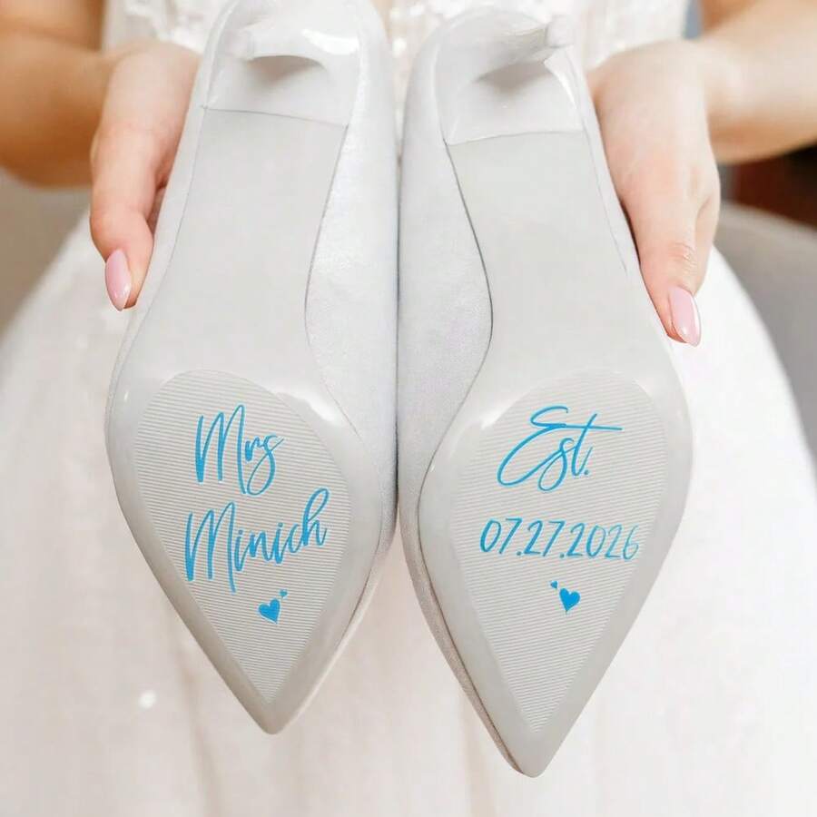 Customizable Waterproof Bride Heart-Shaped Wedding Shoe Stickers, Can Customize Text And Date, Glitter Name And Phrase Stickers, High Heel Wedding Anniversary Gift For Bride And Bridesmaids - Multicolor - View 1