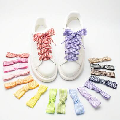 1 Pair 2.5cm Wide Plaid Shoelaces, Collegiate Style Colorful Casual Versatile Shoelaces