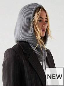 1pc Women's Fashion Knitted Hooded Scarf, Drawstring Balaclava Hat, Warm And Versatile For Commuting - Beige - View 2