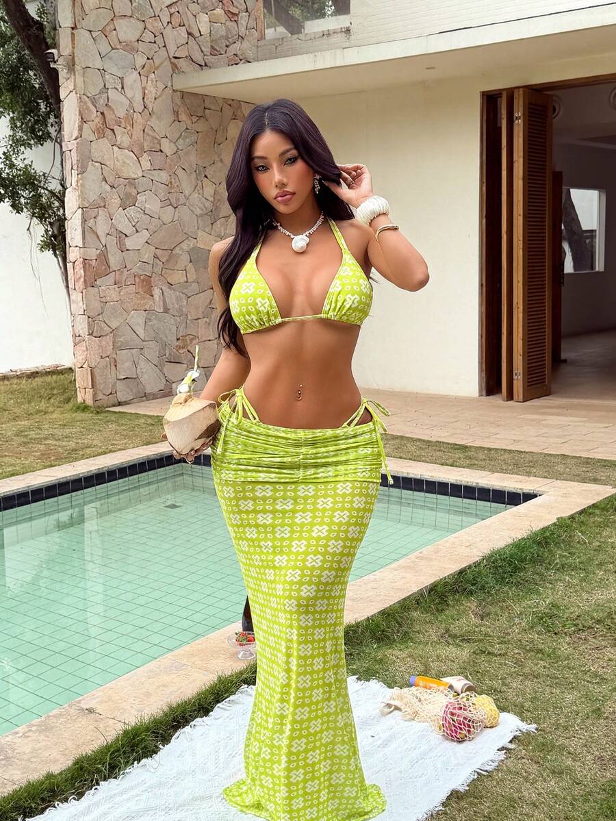 Bộ bikini in họa tiết màu xanh lá cây, phong cách thường ngày, thích hợp cho kỳ nghỉ hè, đi biển, dành cho nữ. - Nhiều màu - Xem 1