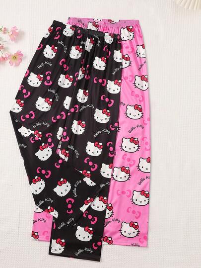  2 piezas Pantalones de pijama para mujer con estampado de Hello Kitty de Sanrio, ligeros y cómodos para usar en casa, para primavera/verano