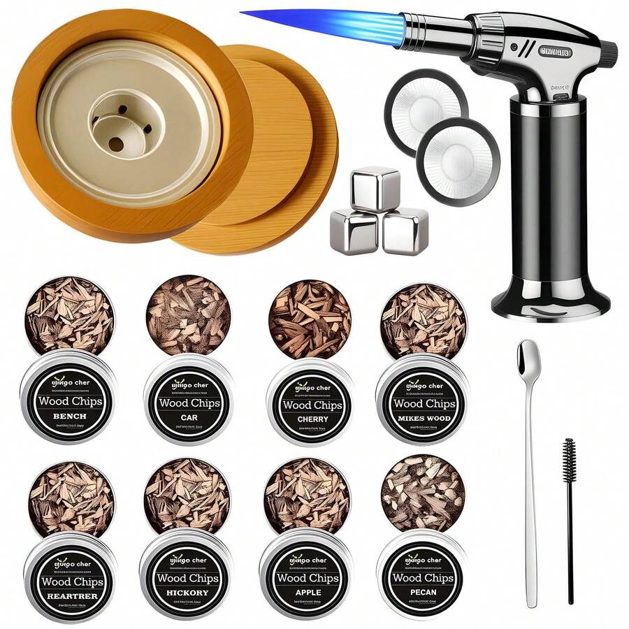 Ahumador de Cocteles, Kit Ahumador Cocteles con 8 Sabores, Antorcha de Cocina,3 Piedras de Whisky de Acero Inoxidable,Cepillo, Cuchara para Infusor de Cócteles Bourbon Whisky Frutos Secos Queso - Negro - Ver 1