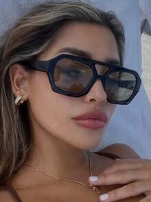 1副女士黑色多边形PC镜框复古双梁时尚街头风个性化眼镜 - 黑色 - 查看 2