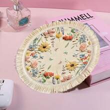1/4/6pcs Spring And Summer Collection, Floral And Leaf Print With Butterfly Design Linen Table Mat/Coffee Cup Coaster - Multicolor - View 6