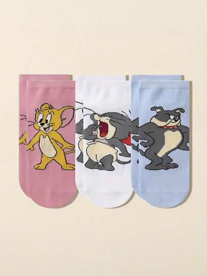 Warner Bros 3双装女士可爱卡通老鼠/小狗图案百搭舒适透气直筒短袜，春夏款