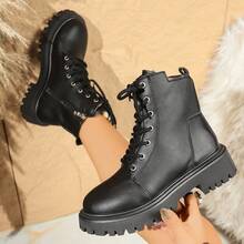 2025 New Autumn/Winter Women's Fashion Versatile Casual Boots, Side Zipper Ankle Boots With Lace-Up, Warm Winter Women's Flat Comfortable Chelsea Boots - Black - View 2