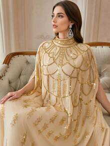 Elegant Pearl Embroidered Batwing Sleeve Long Abaya With Stand Collar - Apricot - View 8