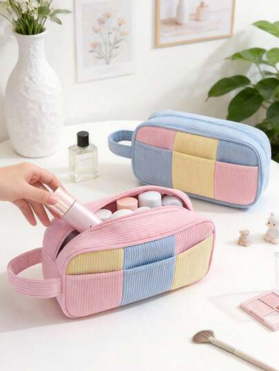 1pc Dopamine Double-Layered Color-Block Makeup Bag, Cute Sweet Style Storage Bag Suitable For Teen Girls, Students, And Women, Valentine's Day, Wedding Decorations, Corduroy Material With Patchwork Style Toiletry Bag