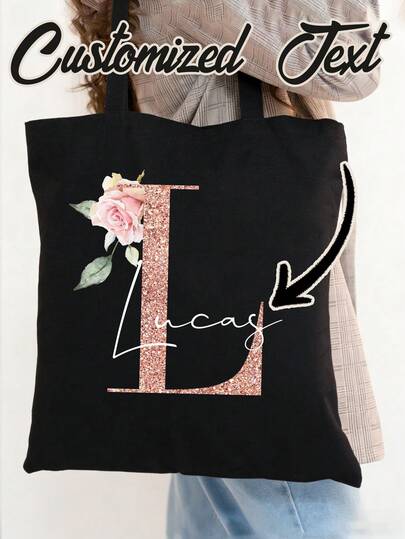 Bolsa de compras personalizada con patrón floral y de letras, bolsa de lona personalizada, bolsa de tela reutilizable y ligera para ir de compras, bolso plegable, bolsa de lona de unicolor con asas reforzadas, adecuada para negocios, viajes, trabajo, escuela, gran regalo para familiares y amigos en cumpleaños, fiestas, San Valentín, Ramadán, temporada de bodas