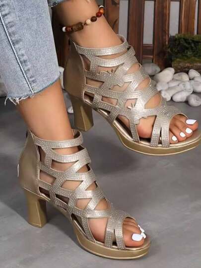 1 đôi sandal cao gót kiểu La Mã thời trang dành cho tuổi teen, thiết kế mũi khoét rỗng với khóa kéo phía sau, thích hợp cho hoạt động ngoài trời, đi làm, khiêu vũ, dự tiệc, đi biển.