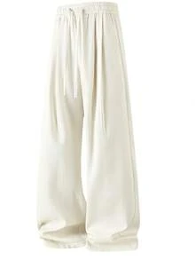 Spring/Summer New Elastic Waist Drawstring Casual Pants, Discounted Patchwork Loose Straight Leg Maxi Pants, Suitable For Daily, Casual, Party, Versatile, Gift For Friends And Husband - Beige - View 4