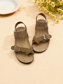 1双女童卡其色磨砂交叉绑带露趾凉鞋，平底，舒适透气，简约休闲夏季日常鞋 - 鏽棕色 - 查看 2