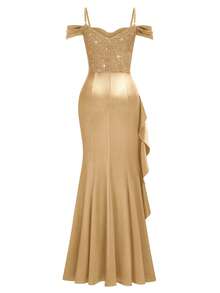 MIUSOL Sequin Floral Lace Off Shoulder Ruffle Trim Split Thigh Satin Evening Party Long Dress, Elegant Women Dress, For Wedding Guest, Graduation, Dinner - 金色 - 查看 8